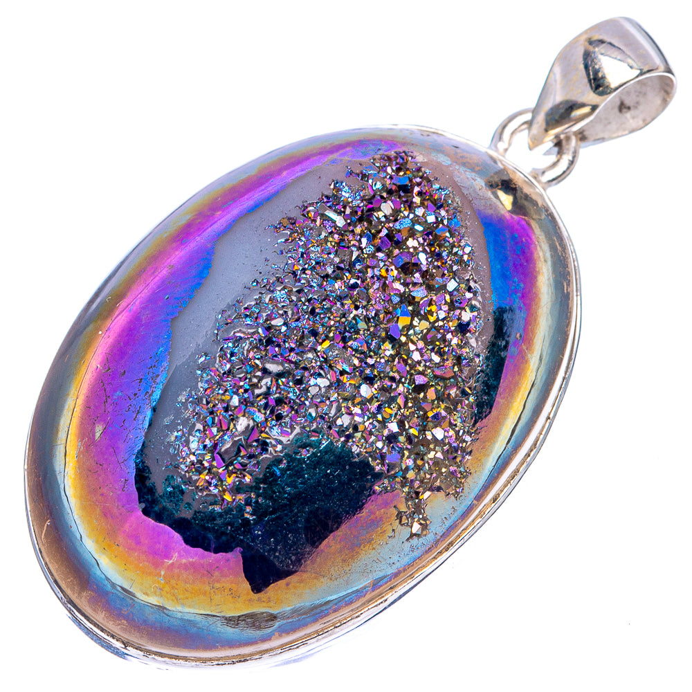 Iridescent oval druzy pendant with rainbow sheen and silver frame, including top bail
