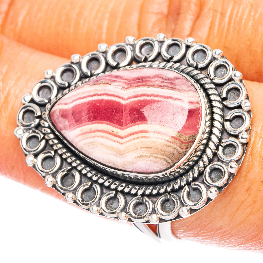 Rhodochrosite oval cabochon sterling silver ring with ornate bezel, size 8