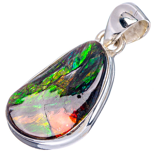 Sterling silver Ammolite pendant with oval teardrop stone and multi-color iridescence