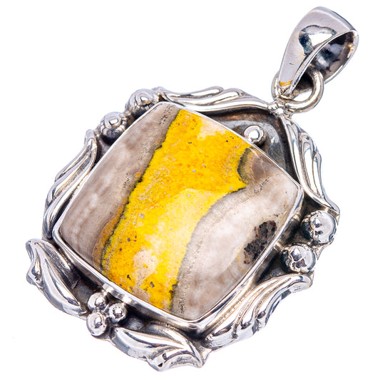 Sterling silver pendant with rectangular yellow bumblebee jasper stone, ornate bezel