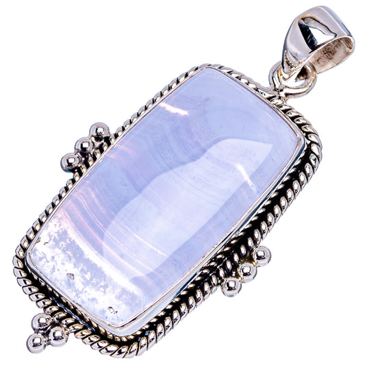 Rectangular blue lace agate pendant in sterling silver with rope edge and loop bail.
