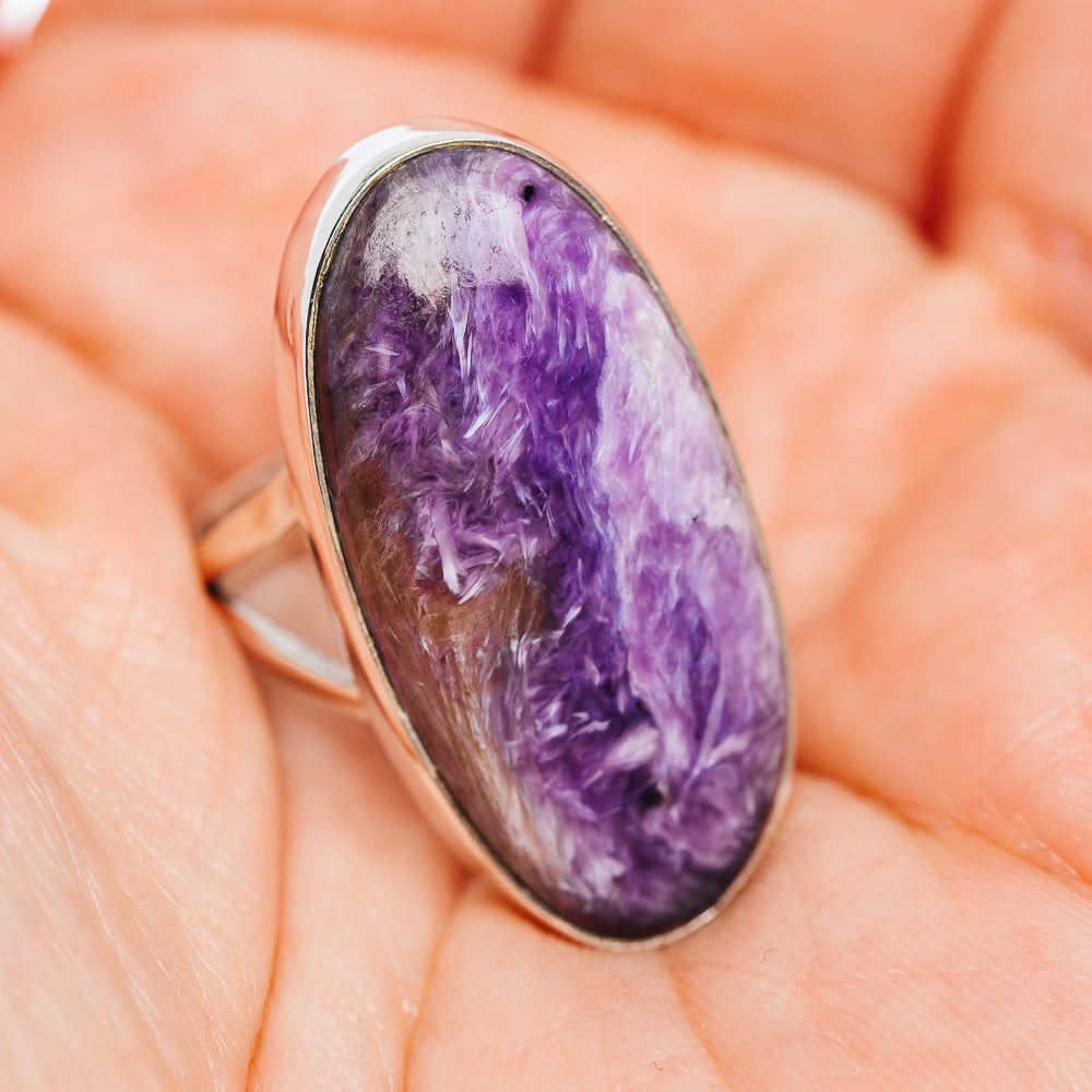 Charoite cabochon ring with oval purple stone, slim .925 sterling silver band