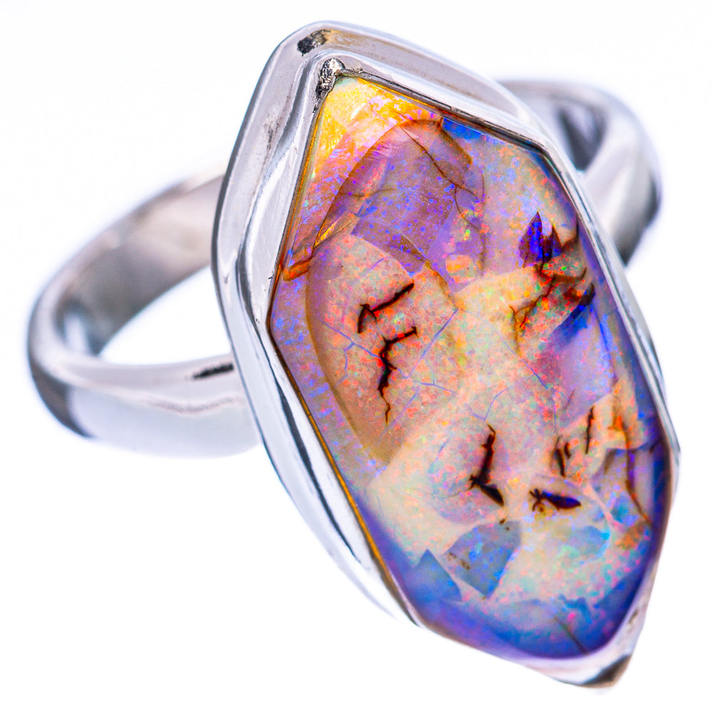 Sterling silver opal ring with iridescent oval stone, size 7.25