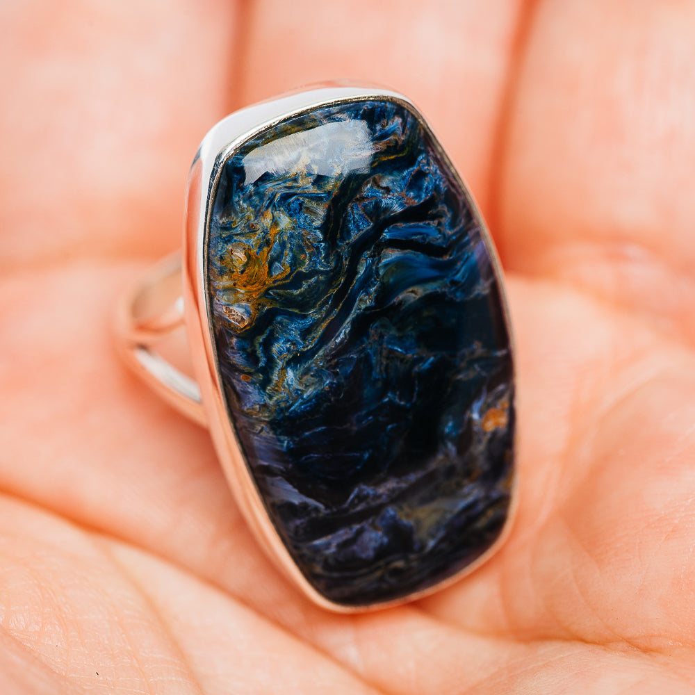 Pietersite oval stone ring in .925 sterling silver, dark blue marbling with golden streaks
