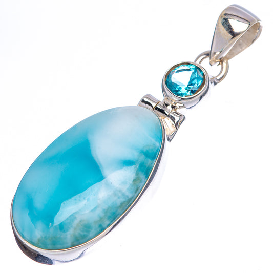 Oval blue larimar pendant with round blue topaz accent, sterling silver bezel and bail