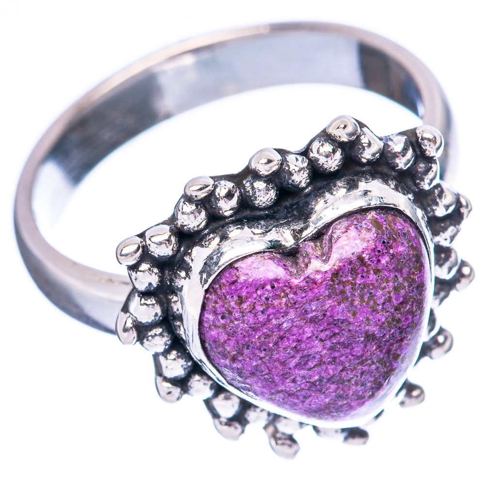 Heart-shaped purple gemstone sterling silver ring with beaded bezel and raised prongs