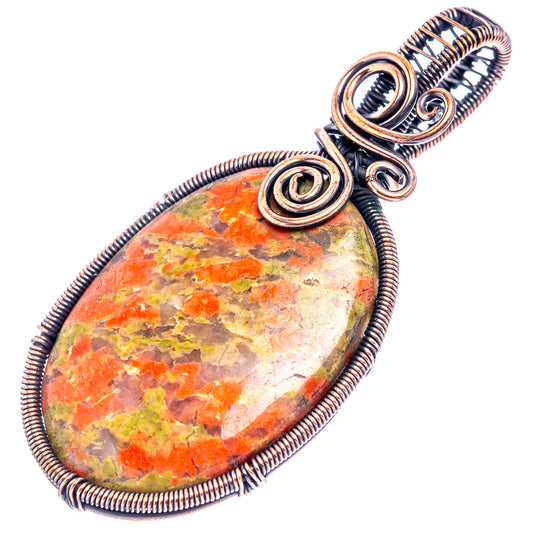 Unakite wire-wrap pendant in oxidized copper with oval multicolor stone cabochon