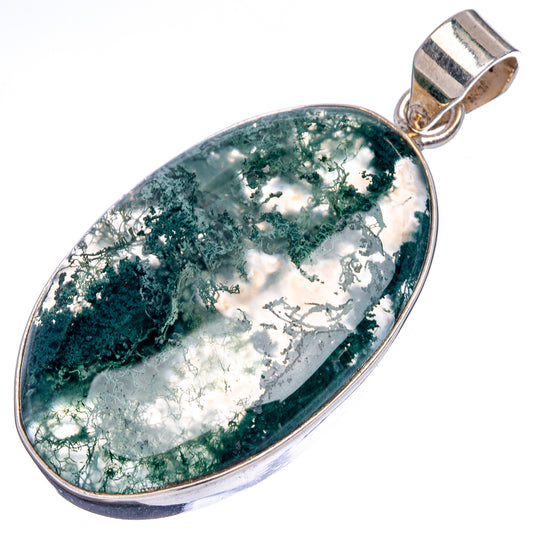 Oval green moss agate pendant with sterling silver bezel and loop bail, full view