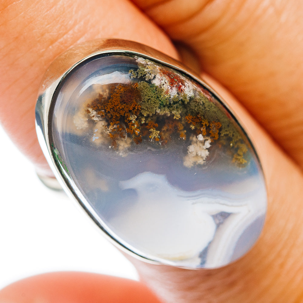 German silver plume agate cabochon ring with oval gray-blue stone and brown mossy plumes