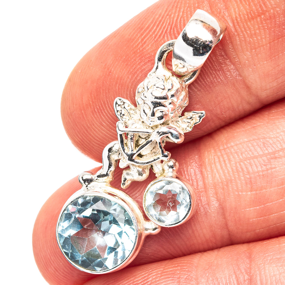 Blue Topaz Angel Motif Pendant 1 3/8" (.925 Sterling Silver)