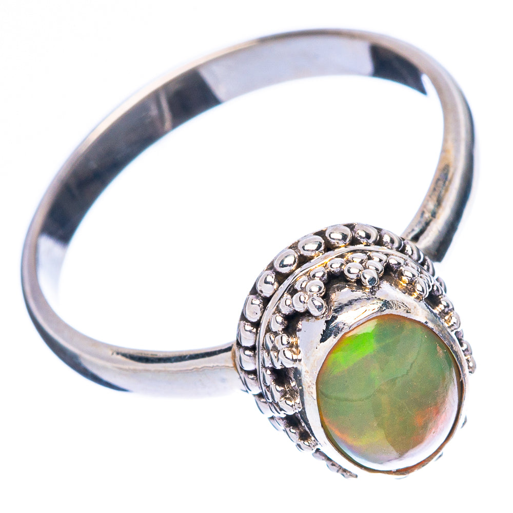 Ethiopian opal cabochon ring with engraved band, 925 sterling silver, round bezel