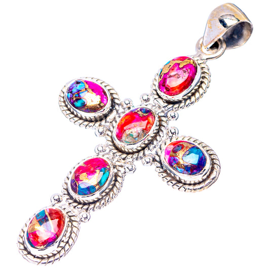 Sterling silver cross pendant with five oval multicolor gemstone cabochons, top bail