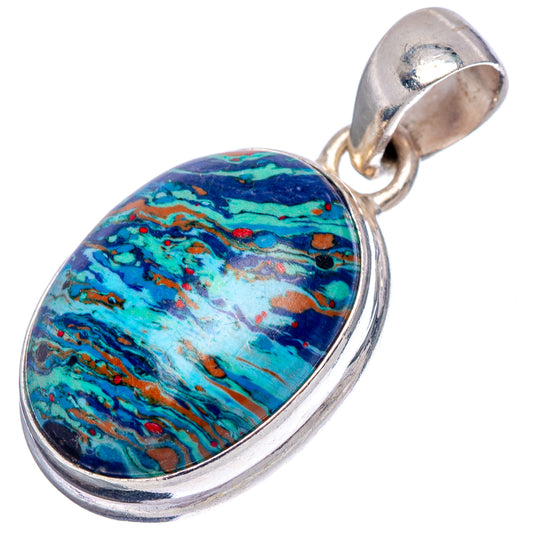 Angled oval calsilica pendant with multicolor blue-green stone and sterling silver bail