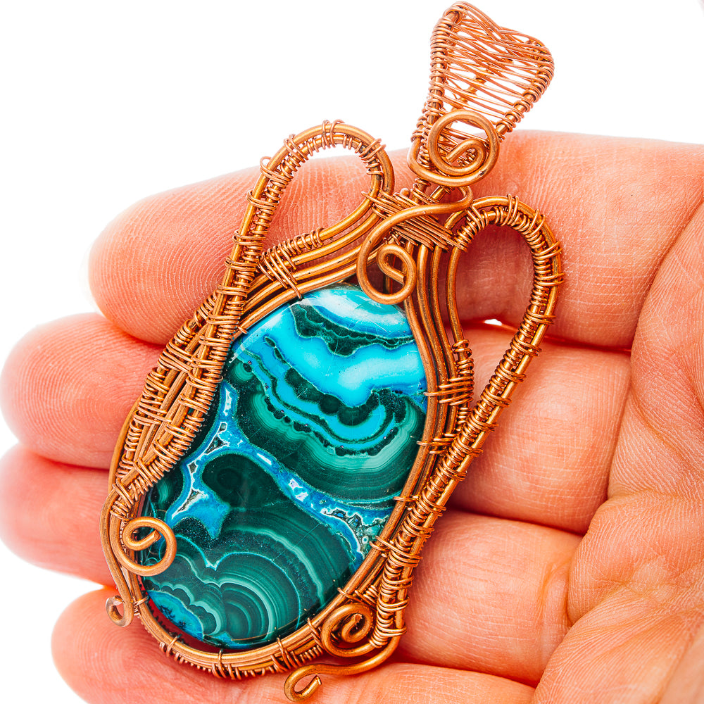 Malachite In Chrysocolla Wire Wrap Pendant 2 5/8" (Copper)