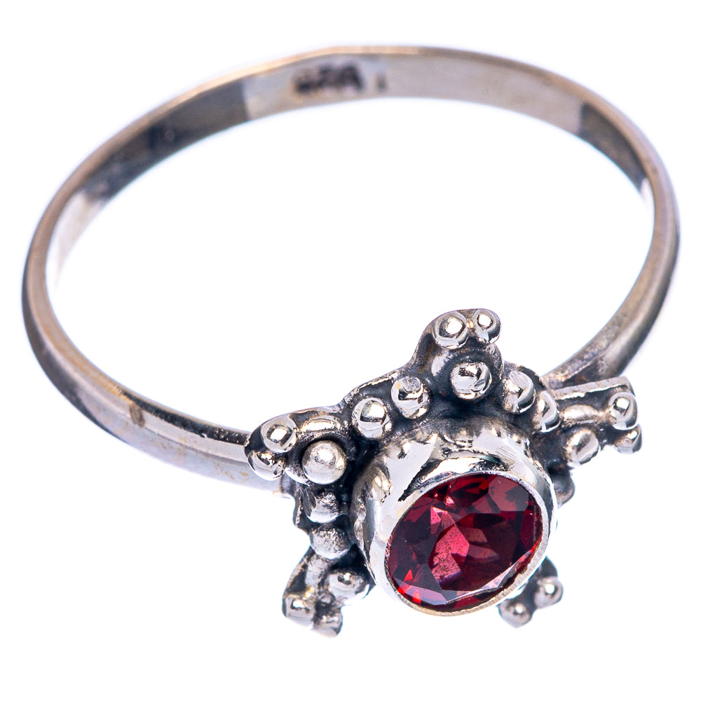 Garnet dainty ring, round red gemstone on silver band with decorative scrollwork