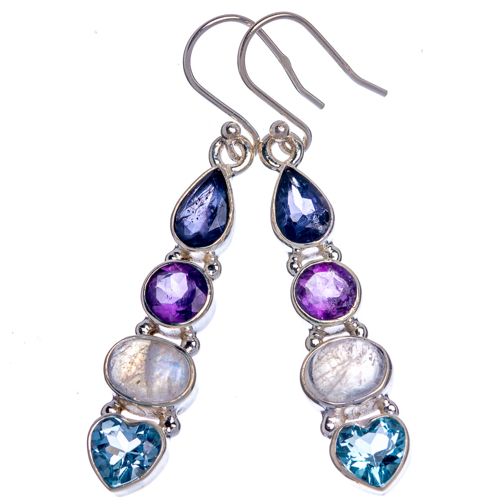 Silver dangle earrings with pear-cut gems: blue topaz, amethyst, rainbow moonstone