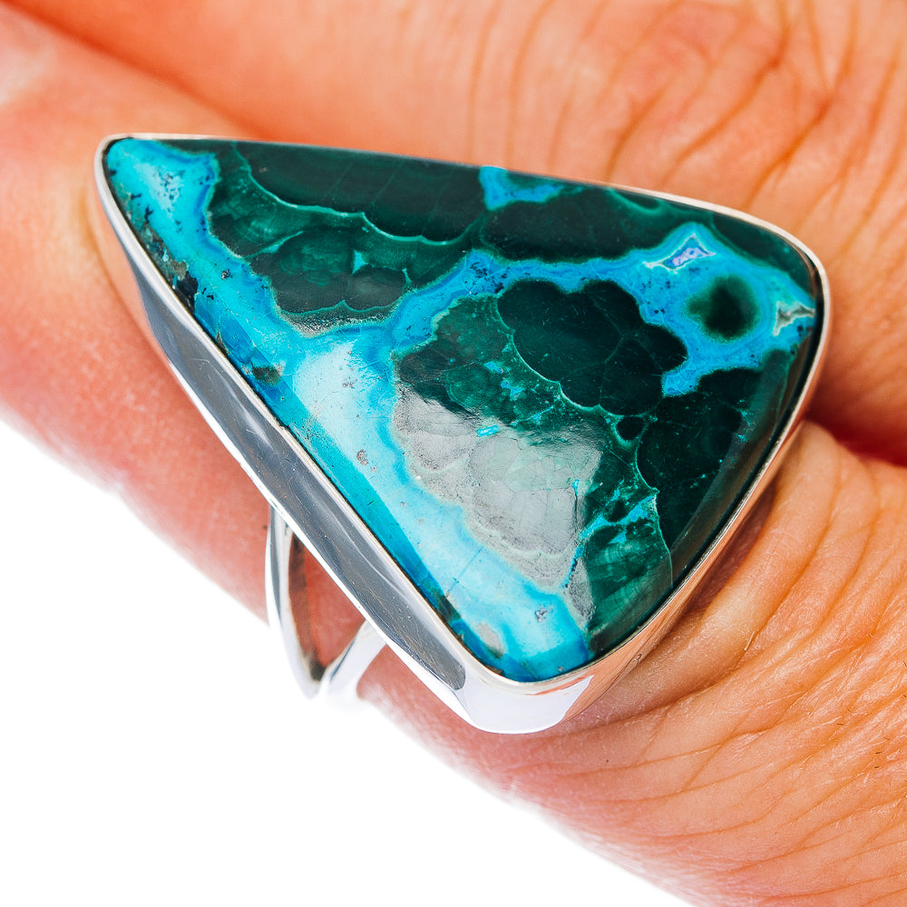 Large teardrop chrysocolla and malachite stone ring in .925 sterling silver bezel