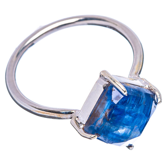 .925 sterling silver kyanite ring with faceted blue rectangular stone and open band