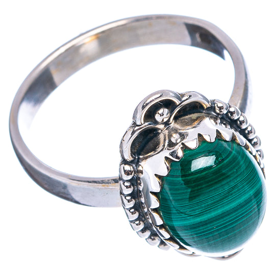 Sterling silver malachite ring, size 7 side view with ornate openwork and beaded band