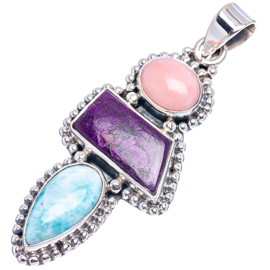 Sterling silver pendant with pink oval and purple rectangle stones, blue oval accent