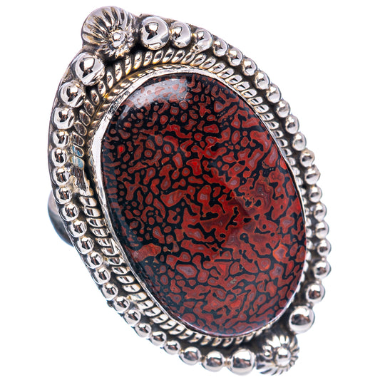 Oval dinosaur bone ring, size 7, .925 sterling silver bead border, red/black stone