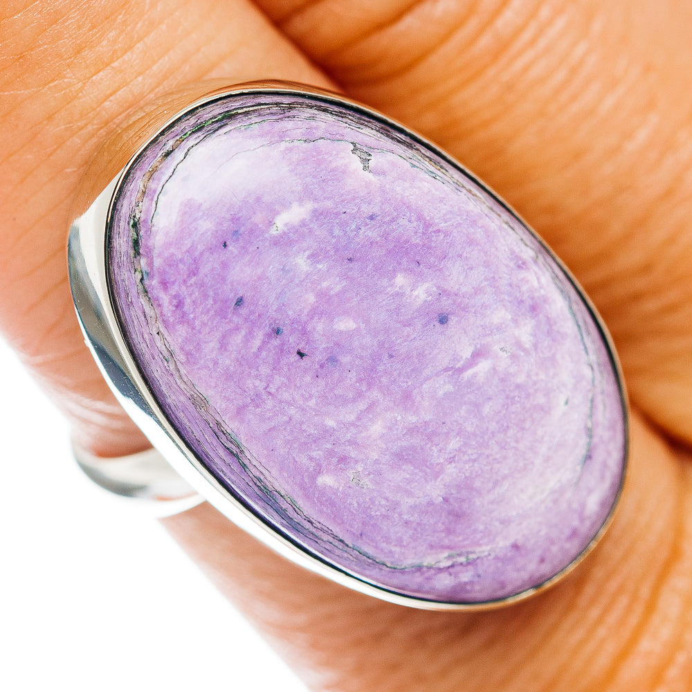 Purple charoite-style oval cabochon ring with German silver band, size 9