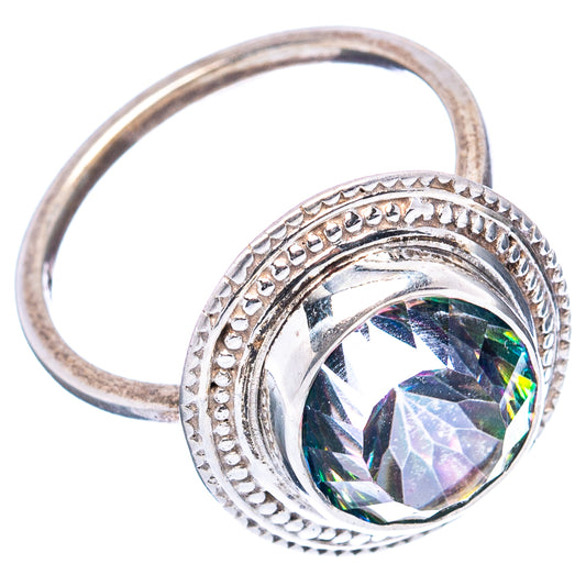 Sterling silver Mystic Topaz ring, ornate round bezel and iridescent faceted gem