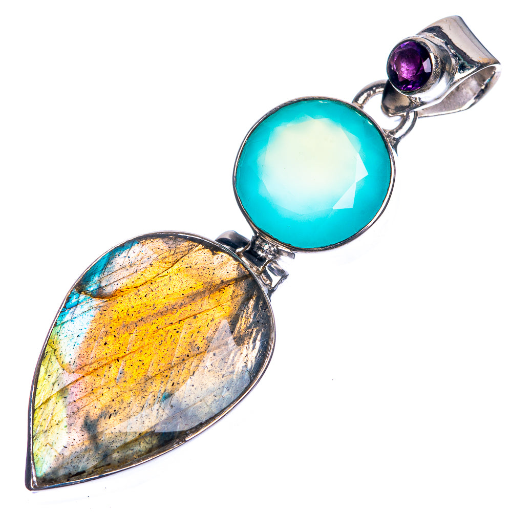 Labradorite, Aqua Chalcedony, Amethyst 925 Sterling Silver Pendant 2"