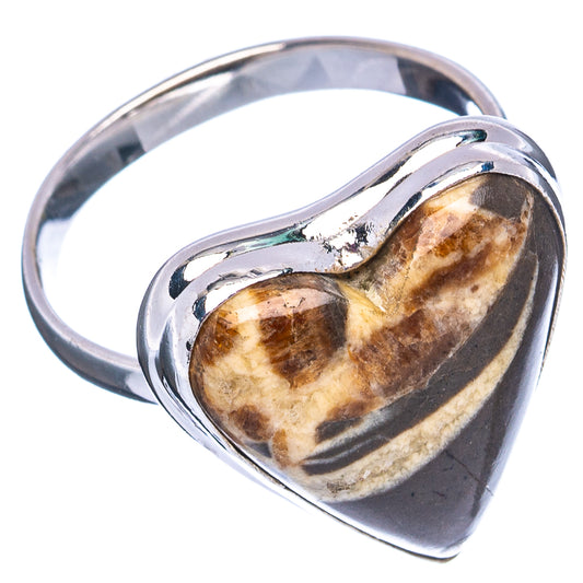 Sterling silver septarian heart nodule ring with marbled brown stone, size 11.5