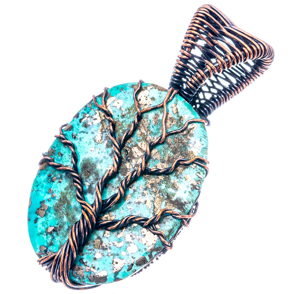 Tree of life pendant with turquoise patina oval and oxidized copper wire wrap