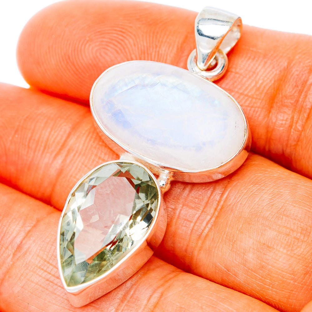 Premium Multi-Gem Rainbow Moonstone, Green Amethyst Pendant 1 5/8" (.925 Sterling Silver)