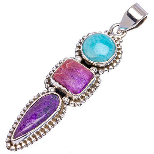 Sterling silver pendant with turquoise larimar and two purple sugilite stone settings