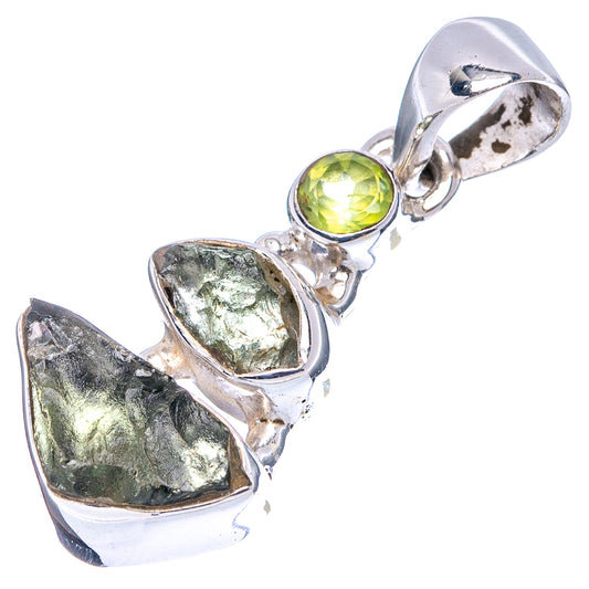 Sterling silver pendant with rough Moldavite stones and small round peridot center