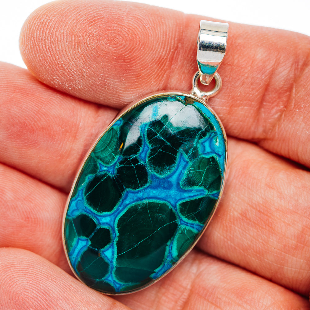 Premium Malachite In Chrysocolla Pendant 1 3/4" (.925 Sterling Silver)