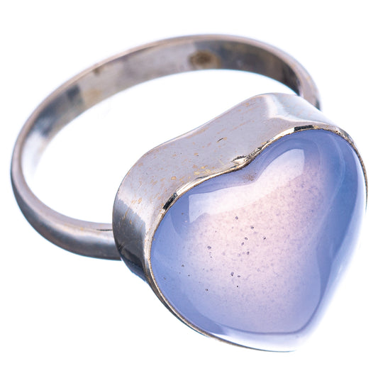 Lavender heart chalcedony ring in sterling silver, side angle with bezel detail