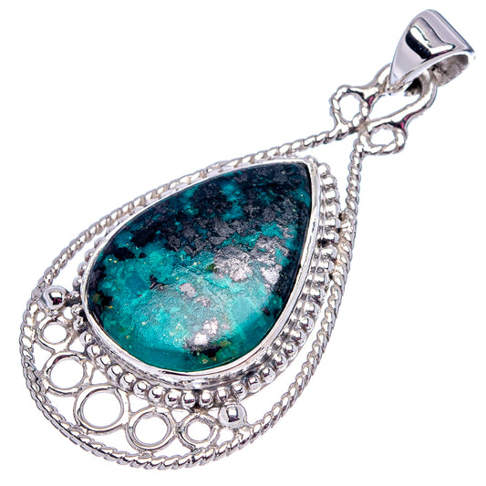 Sterling silver shattuckite teardrop pendant with blue-green stone, scalloped bezel, and chain