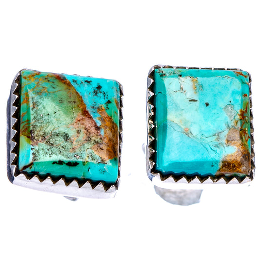 Turquoise square stud earrings in silver settings, textured edges