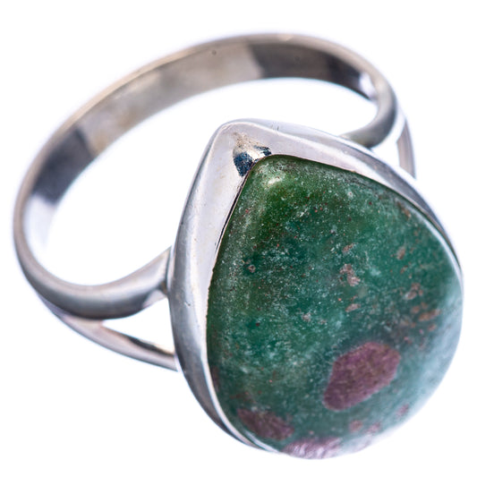 Oval green fuchsite cabochon in 925 sterling silver ring, side view with purple specks