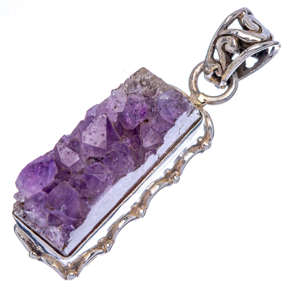 Amethyst crystal pendant with purple rectangular druzy stone and 925 sterling silver bezel
