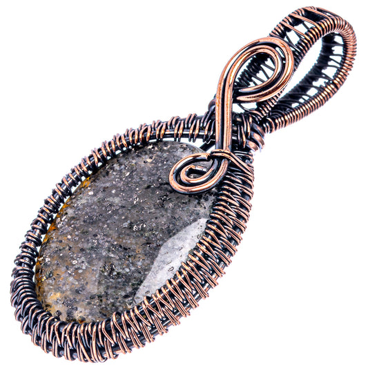 Oxidized copper wire-wrapped pendant with black druzy teardrop stone, full view