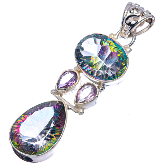 Sterling silver pendant with rainbow round topaz center and two amethyst teardrops