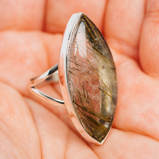 Sterling silver rutilated quartz ring, marquise stone with needle strands, side profile