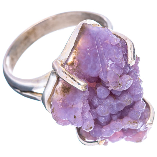 Grape agate sterling silver ring with purple druzy cluster, prong-set, size 8