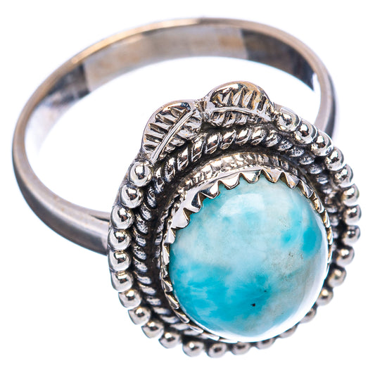 Larimar cabochon sterling silver ring, ornate beaded frame, size 7.75