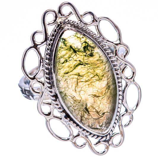 Oval moss agate ring in .925 sterling silver with openwork oval halo, bright green