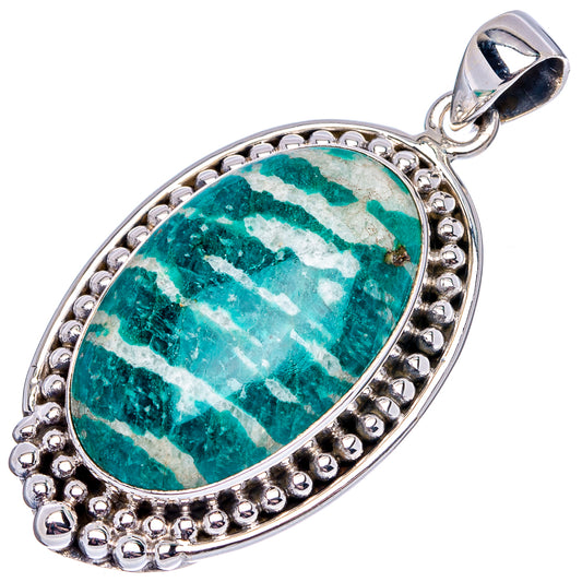 Oval amazonite pendant with white veining, polished .925 sterling silver frame