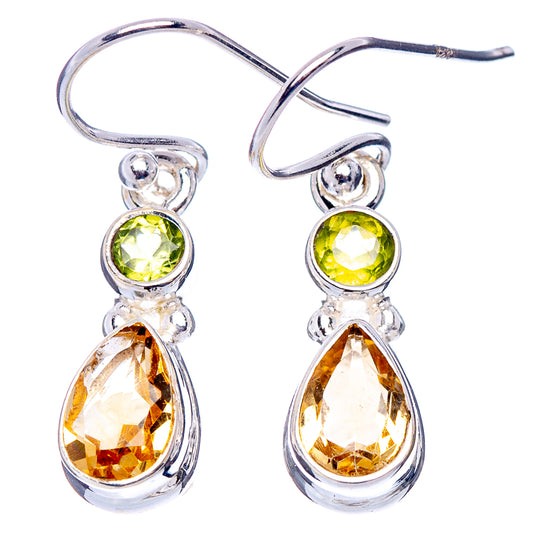 Sterling silver leverback earrings with green round stone and amber teardrop dangle