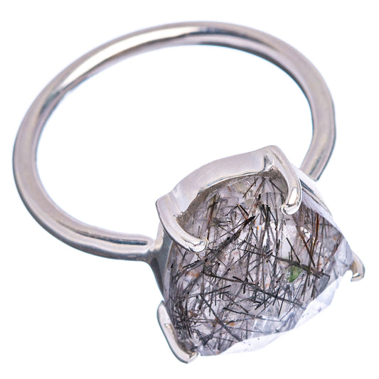 Sterling silver ring with oval faceted dark rutilated quartz stone on slim band, side view