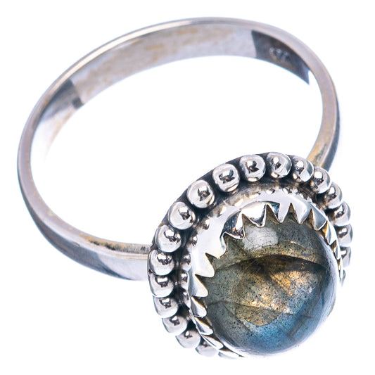 Sterling silver labradorite ring with round cabochon and beaded border