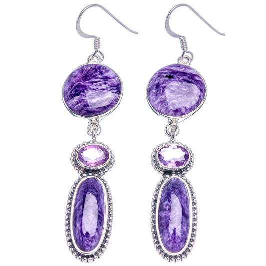 Signature Charoite, Amethyst Earrings 2 3/4" (.925 Sterling Silver)